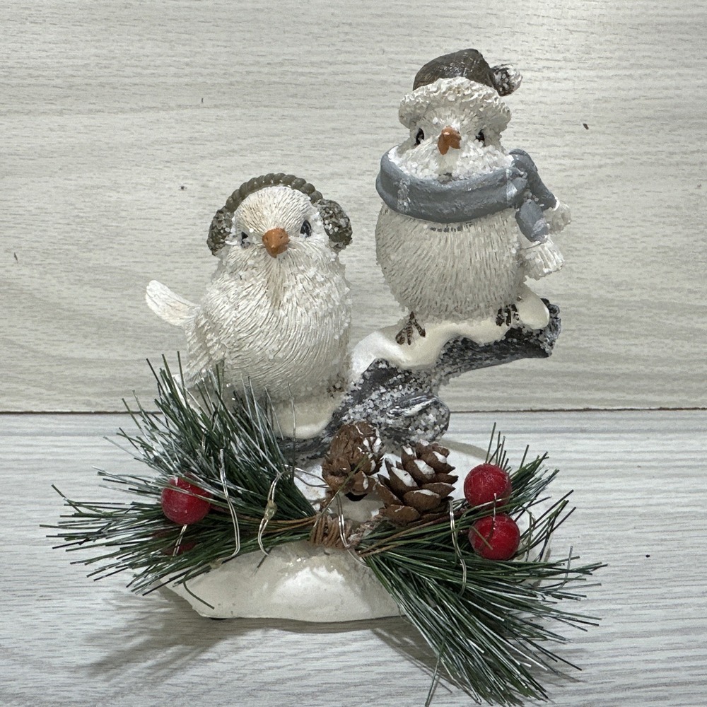 Light‎ Up Resin Pair of Winter Birds Figurine 6x6" Glittery Berries Pinecones